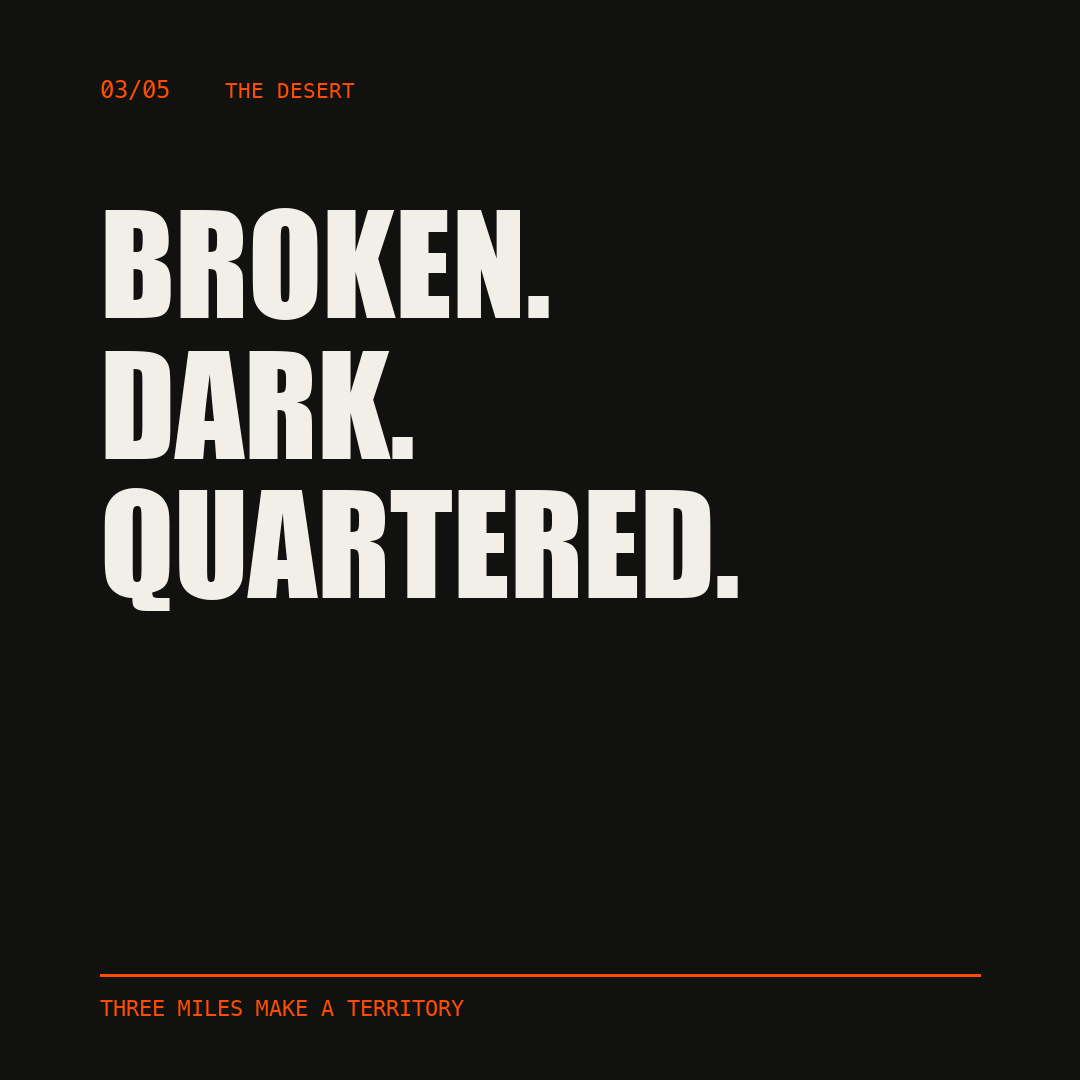 The desert, slide 3 of 5. Broken. Dark. Quartered. Three miles make a territory.