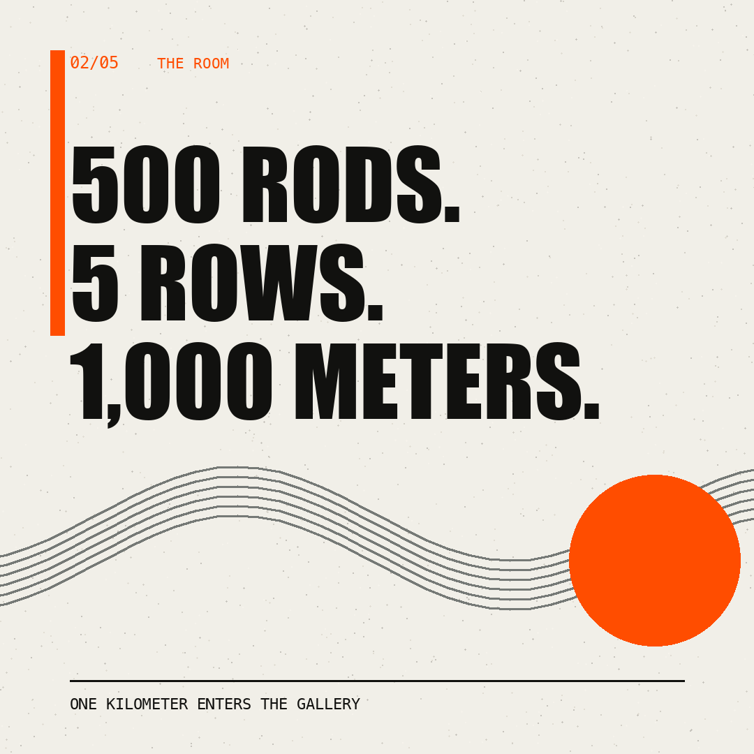 The room, slide 2 of 5. 500 rods. 5 rows. 1,000 meters. One kilometer enters the gallery.