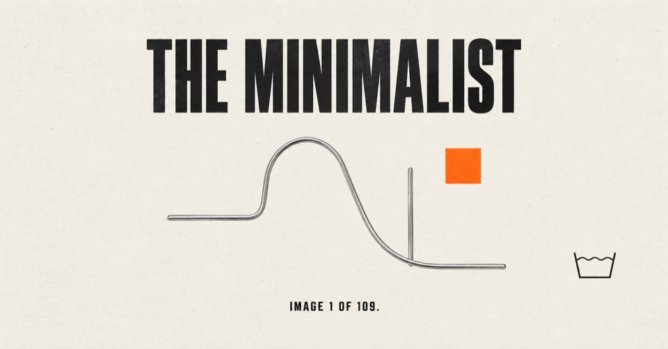 Campaign poster reading ‘The Minimalist—image 1 of 109,’ with a sparse bent silver line and orange square.